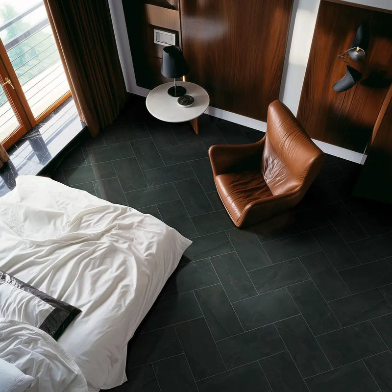 Regallo Midnight Agate Matte Porcelain Tiles 12x24 in a finished room