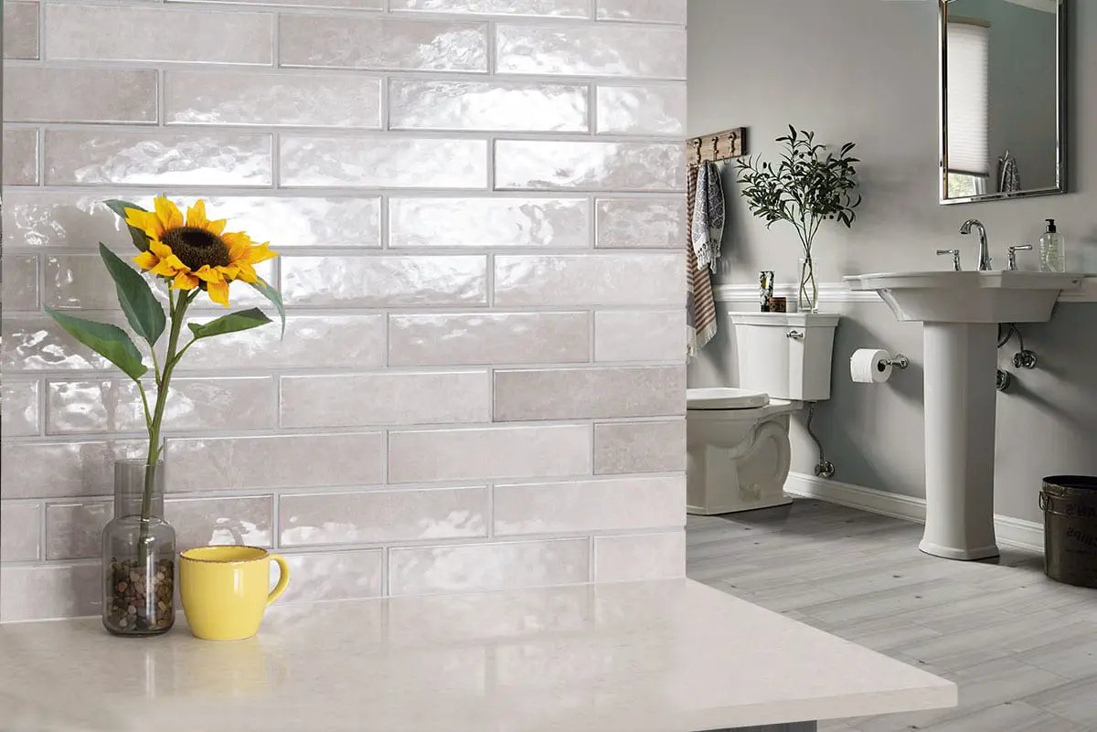 Renzo Sterling 3x12 Tile Glossy Ceramic Mosaics in a finished room