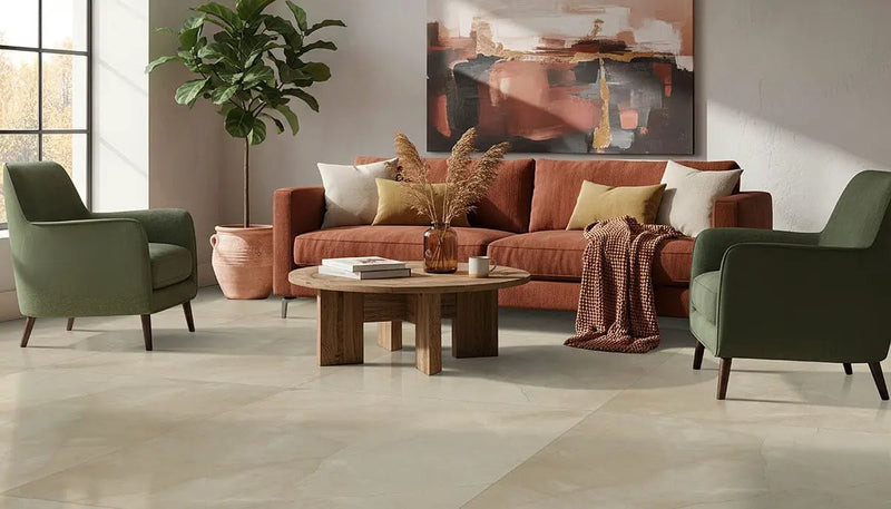 Sande Cream Matte Marble Look Porcelain Tiles 24x48 in a finished room