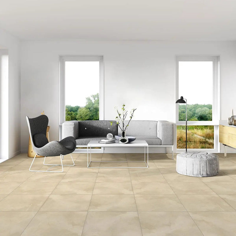 Sande Cream Matte Marble Look Porcelain Mosaics 2x2 2 in a finished room