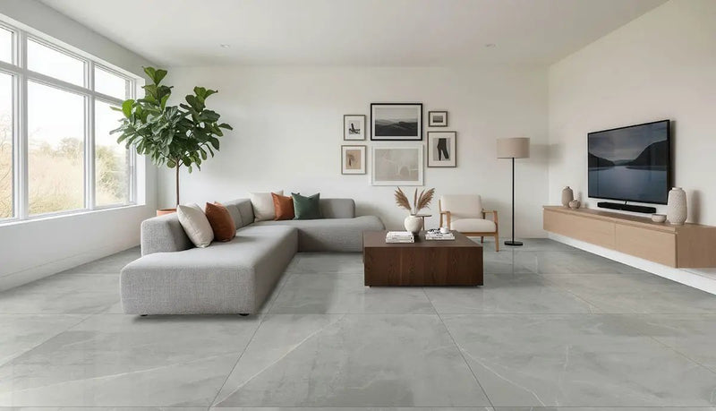 Sande Grey Matte Marble Look Porcelain Tiles 12x24 in a finished room