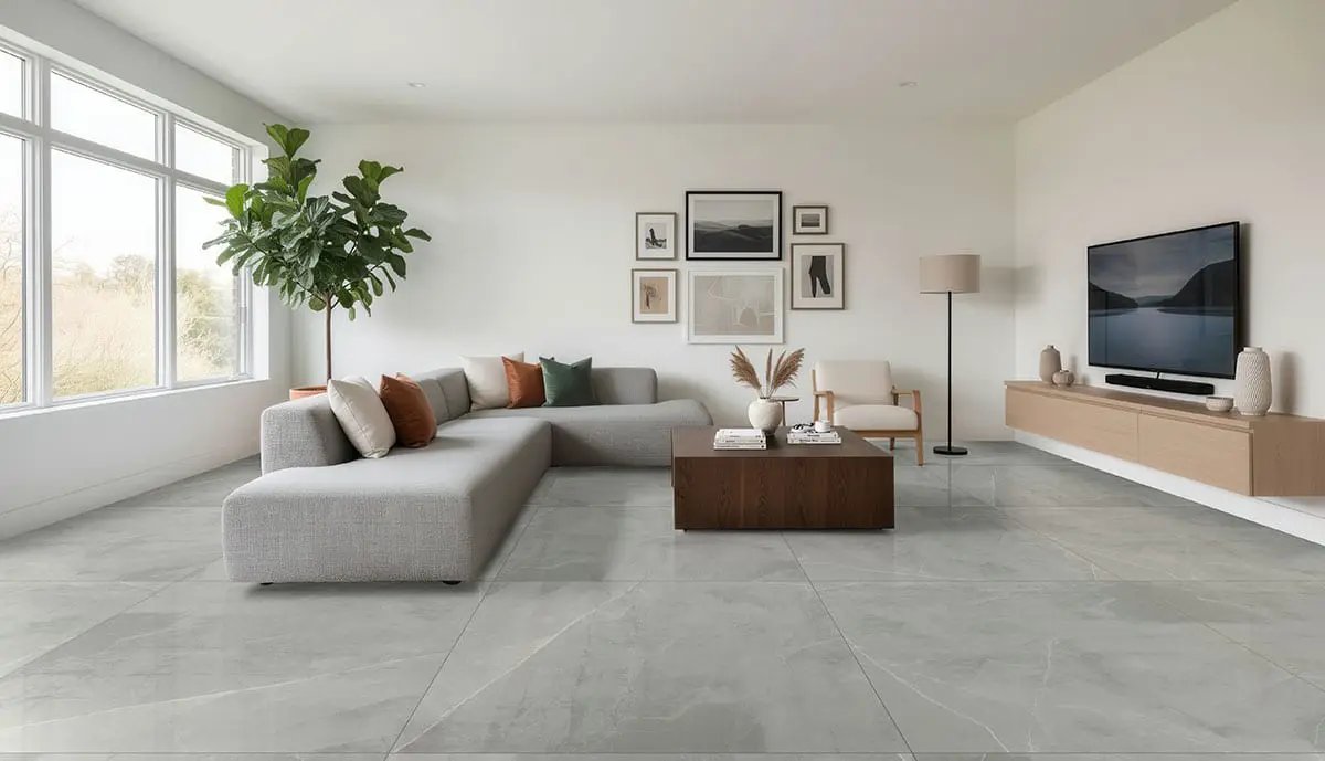 Sande Grey Polished Marble Look Porcelain Tiles 48x48 in a finished room