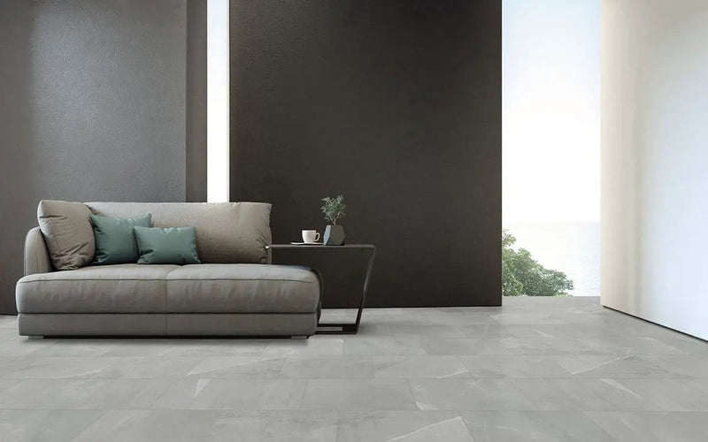 Sande Grey Polished Marble Look Porcelain Mosaics 2x4 in a finished room
