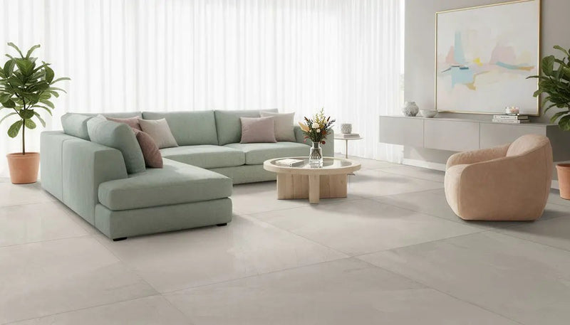 Sande Ivory Matte Hexagon Marble Look Porcelain Mosaics 2x2 in a finished room