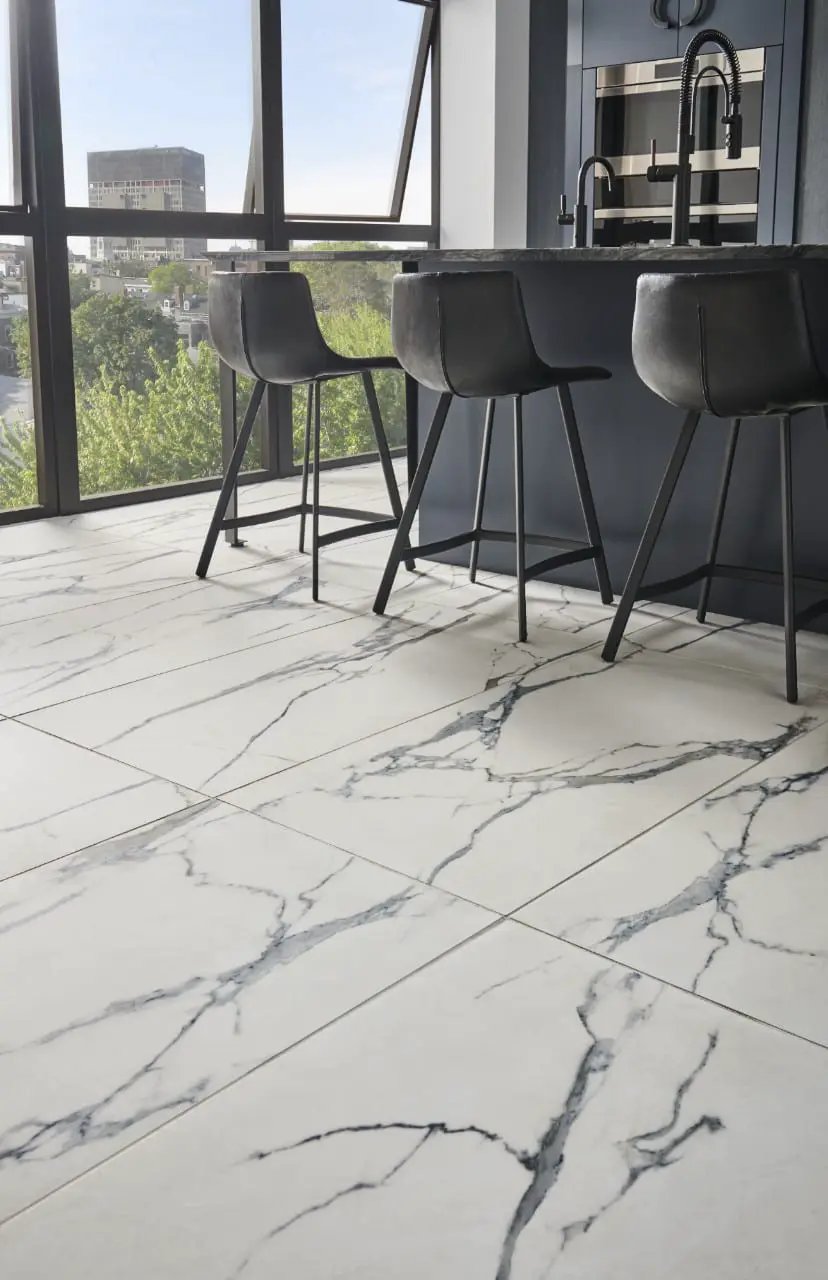 Savoy Azula Matte Marble Look Porcelain Tiles 12x24 in a finished room
