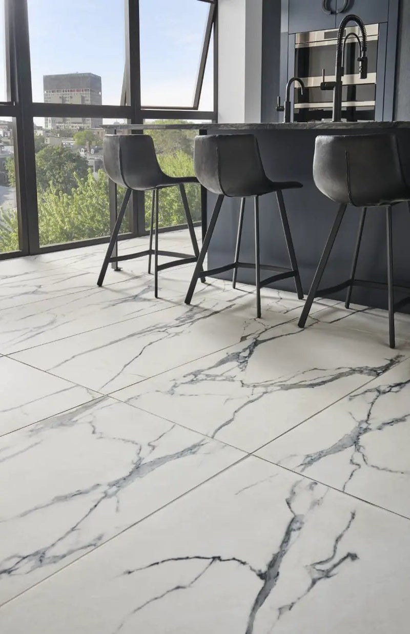 Savoy Azula Matte Marble Look Porcelain Tiles 24x48 in a finished room