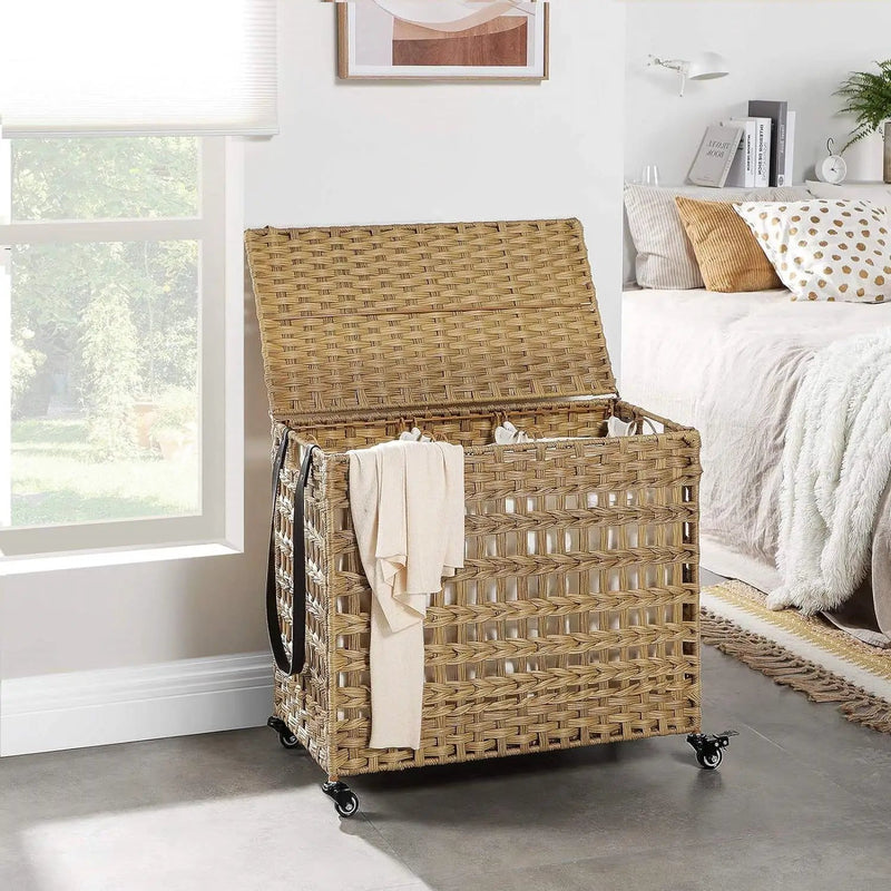 Tan PP Rattan 3-Basket Laundry Hamper Sorter Cart with Removable Cotton Bags by HomePacific