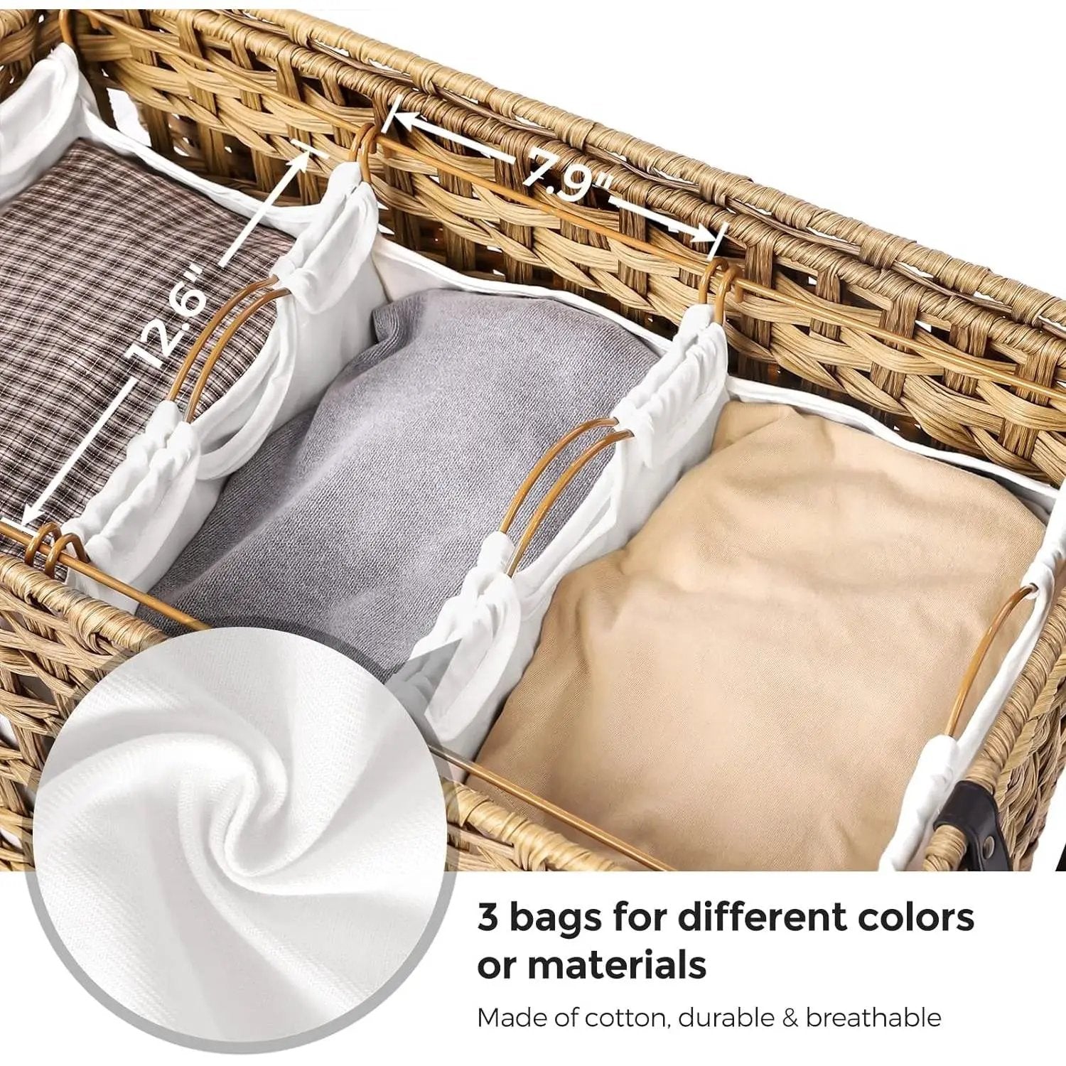 Tan PP Rattan 3-Basket Laundry Hamper Sorter Cart with Removable Cotton Bags by HomePacific
