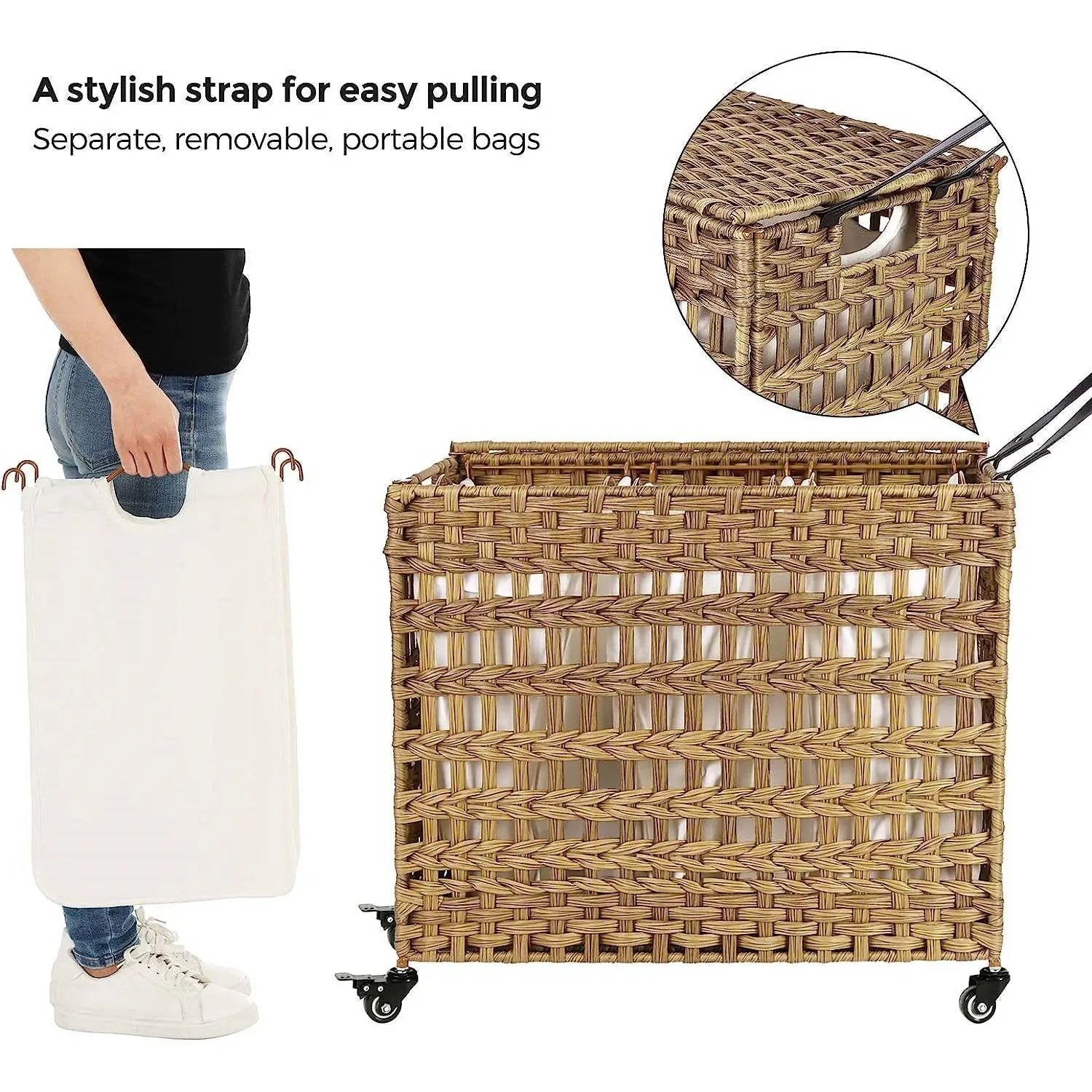 Tan PP Rattan 3-Basket Laundry Hamper Sorter Cart with Removable Cotton Bags by HomePacific