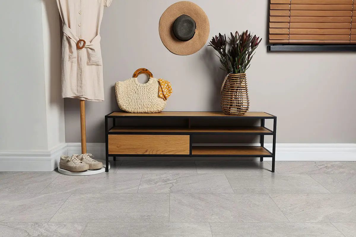 Traktion Stowe Silver Dune Matte Slate Look Porcelain Tiles 24x48 in a finished room