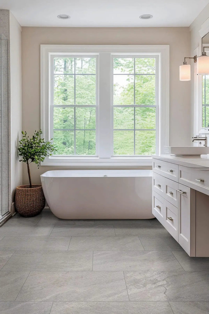 Traktion Stowe Silver Dune Matte Slate Look Porcelain Tiles 24x48 in a finished room