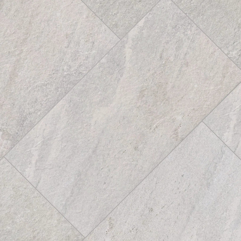 Traktion Stowe Silver Dune Matte Slate Look Porcelain Tiles 24x48 angled view