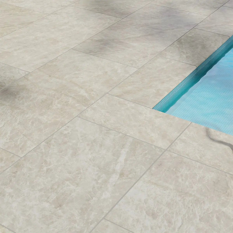 Legions Taja Ivory Matte Porcelain Pavers 24x48 in a finished room