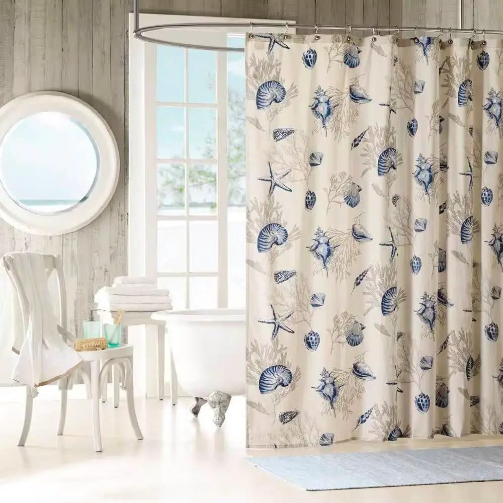 72-in Khaki Beige Cotton Shower Curtain Navy Blue Seashells Coral Coastal Beach by HomePacific