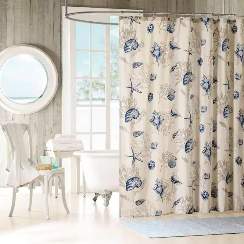72-in Khaki Beige Cotton Shower Curtain Navy Blue Seashells Coral Coastal Beach by HomePacific