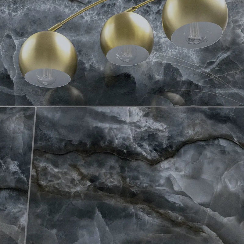 Exotika Tourmaline Polished Marble Look Porcelain Tiles 24x48 in a finished room