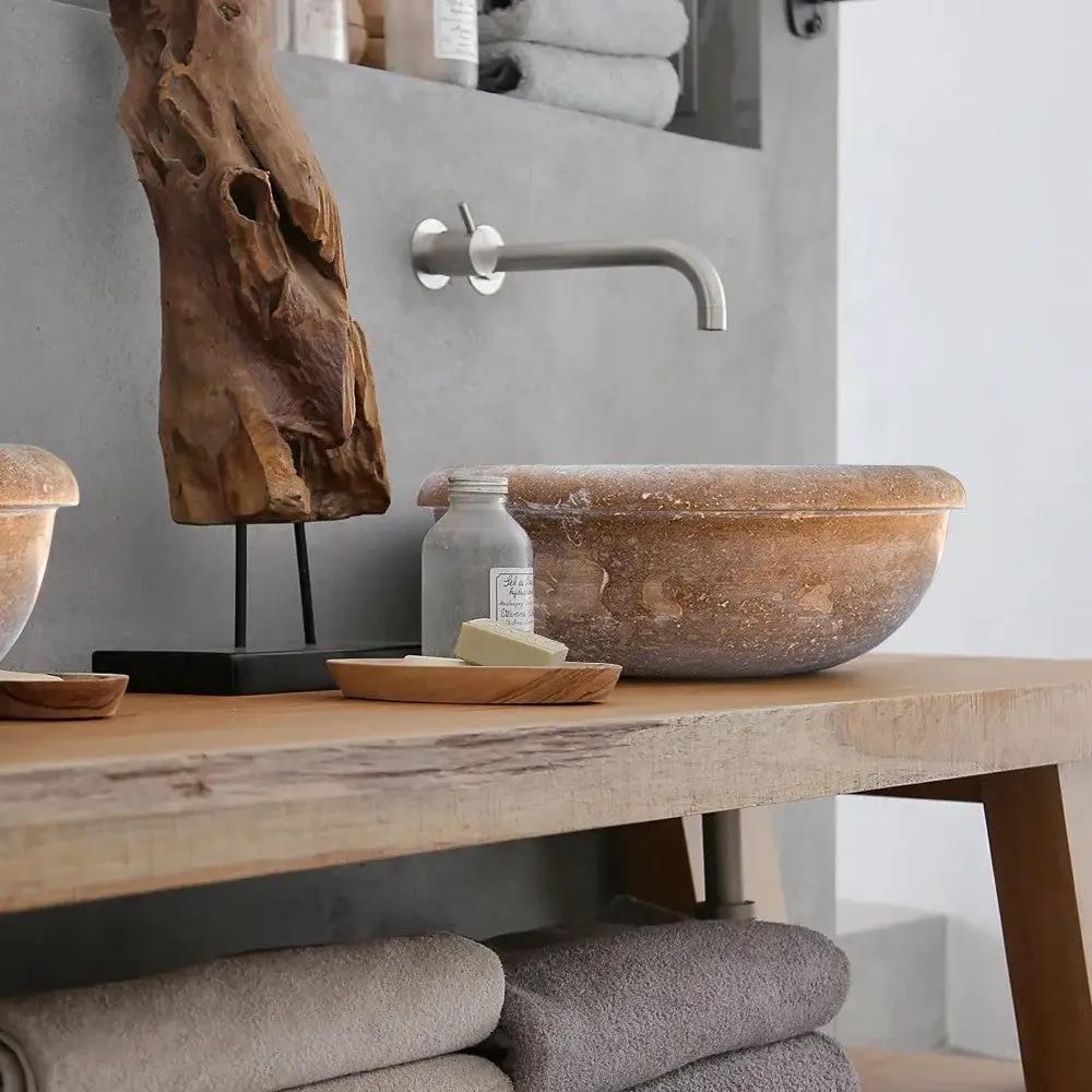 Noce Brown Turkish Travertine Natural Stone Drop-in Sink - Handcrafted Honed and Filled by GobekDesign