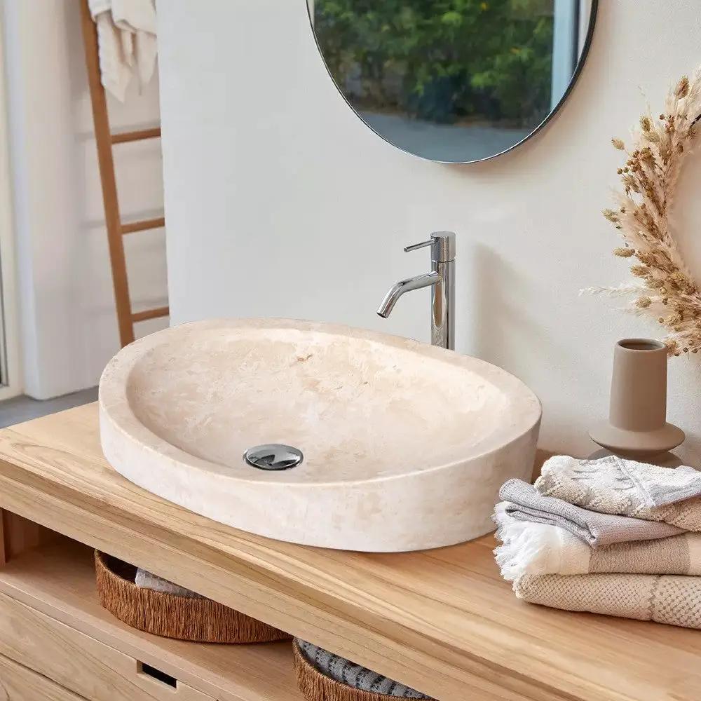 Light Travertine Honed and Filled Vessel Sink Natural Stone 16 x 21.5 x 6 Inches by GobekDesign