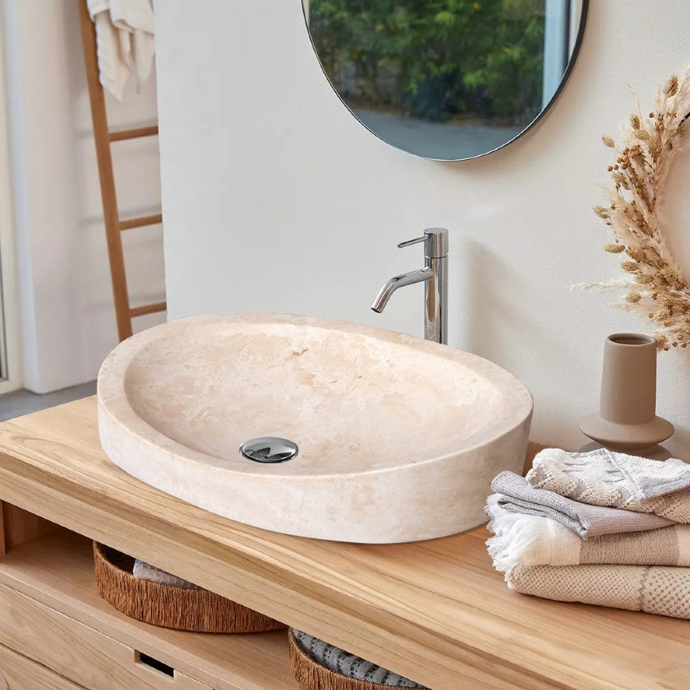 Natural Stone Light Travertine Special Design Vessel Sink Honed and Filled (W)16" (L)21.5" (H)6" by GobekDesign