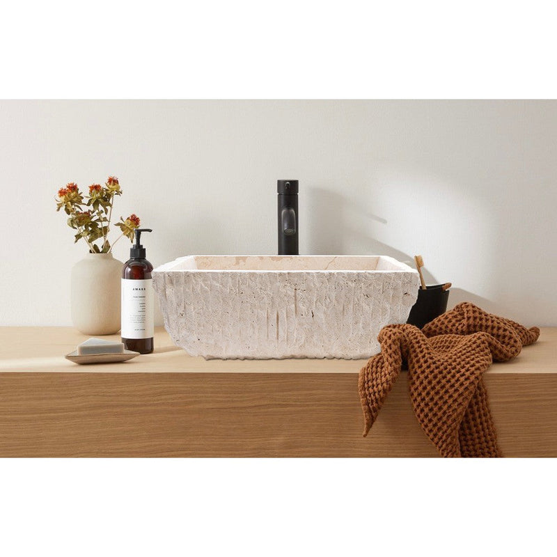 Troia Light Rustic Natural Stone Vessel Sink Honed Interior Hand Chiseled Exterior (W)12" (L)17" (H)6" by GobekDesign