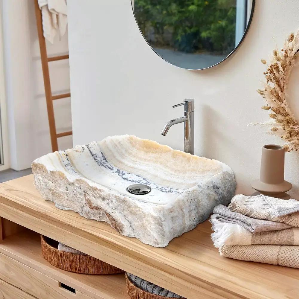 Honey Onyx Natural Stone Vessel Sink - Rustic Handcrafted 13x16 by GobekDesign