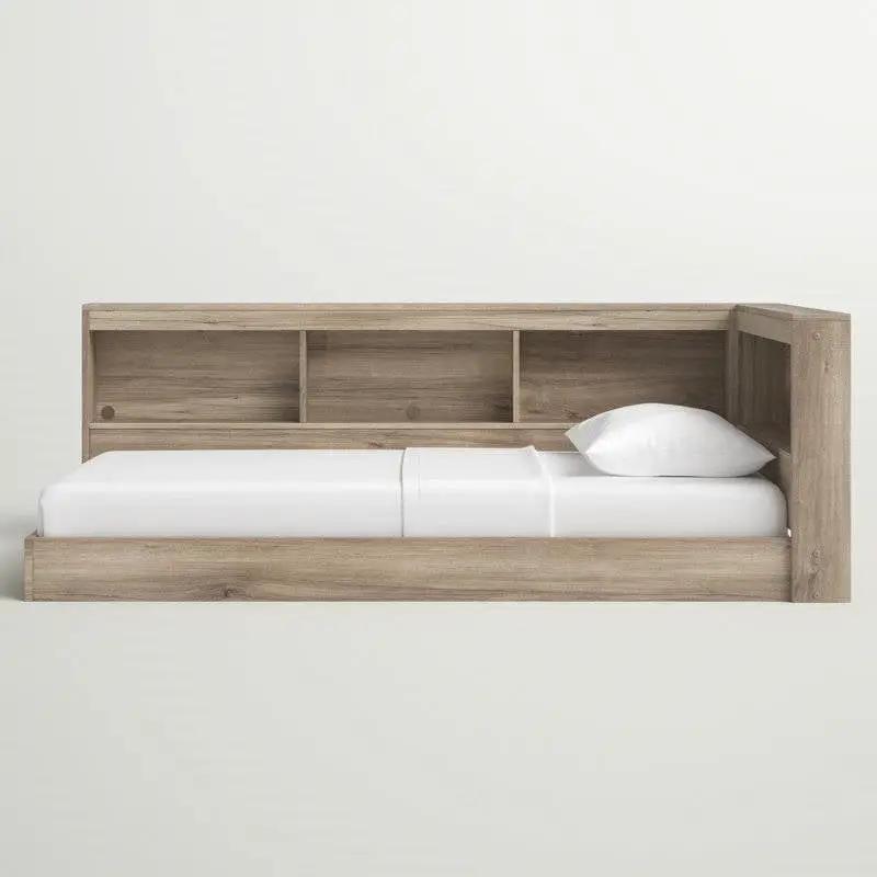 Twin size Natural Wood Corner Storage Bed with Bookcase Headboard and USB Ports by HomePacific