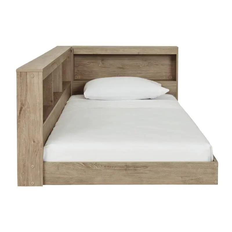 Twin size Natural Wood Corner Storage Bed with Bookcase Headboard and USB Ports by HomePacific