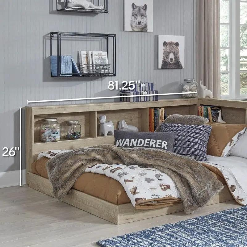 Twin size Natural Wood Corner Storage Bed with Bookcase Headboard and USB Ports by HomePacific