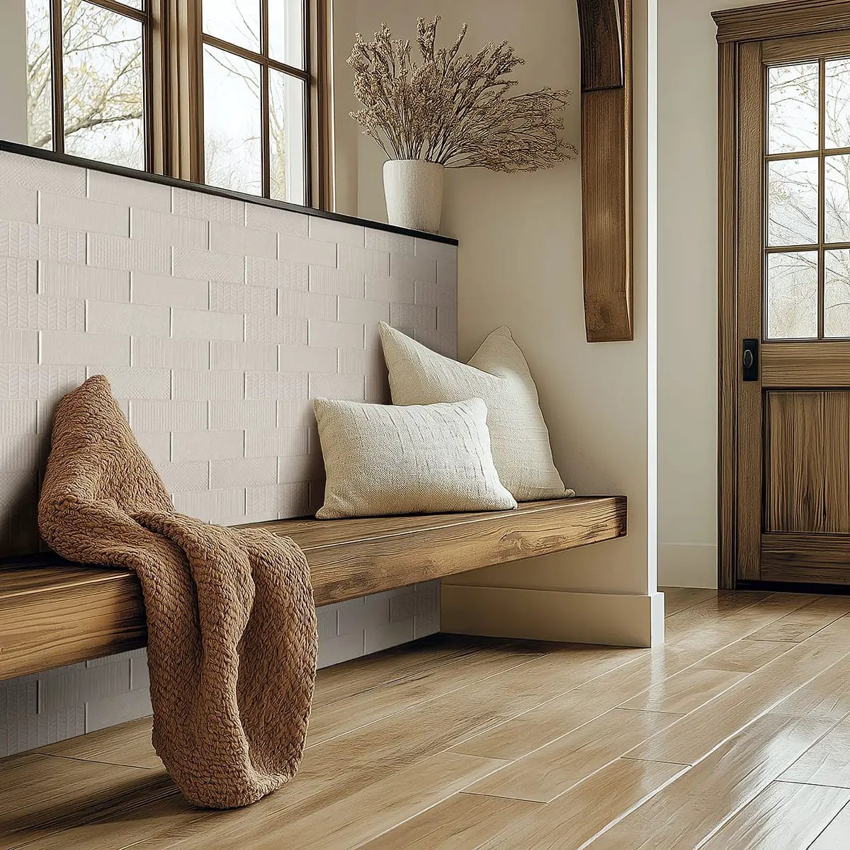 Urbano Crema Tile Glossy Bullnose Ceramic Mosaics 4x12 in a finished room