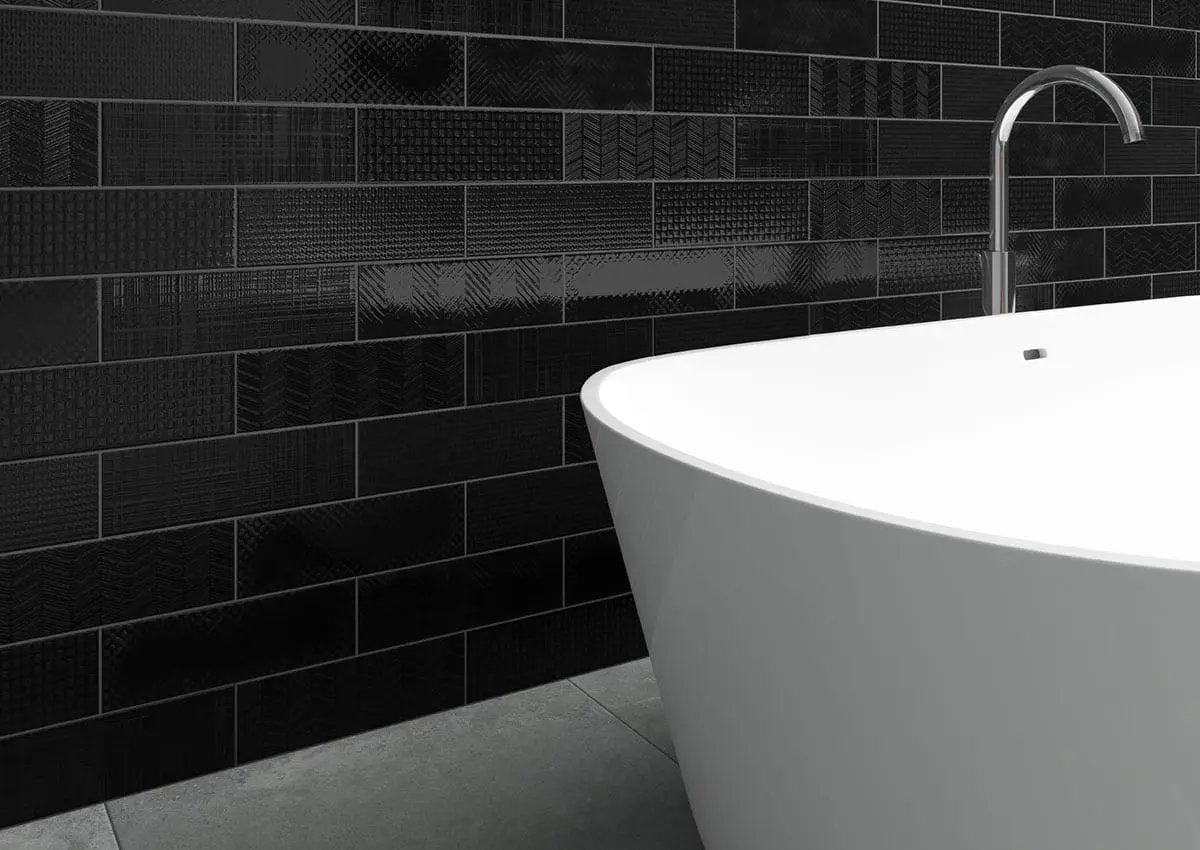 Urbano Ink Tile Glossy Bullnose Ceramic Mosaics 4x12 in a finished room
