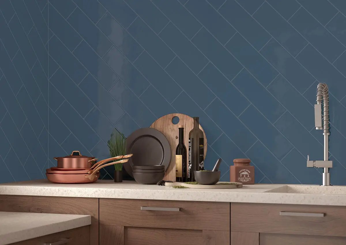 Urbano Navy Glossy Ceramic Mosaics 4x12 2 in a finished room