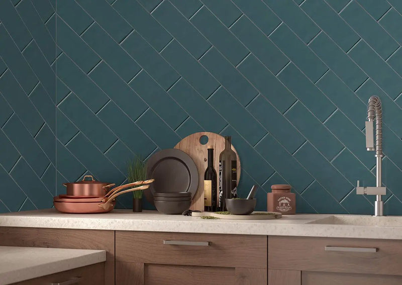 Urbano Navy Glossy Bullnose Ceramic Mosaics 4x12 in a finished room