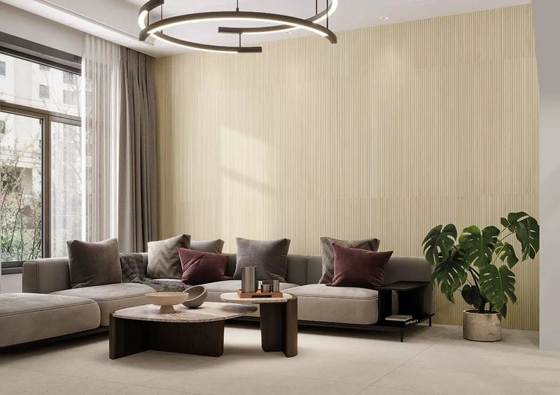 Urbanslat Blonde Matte Ceramic Mosaics 16x48 in a finished room