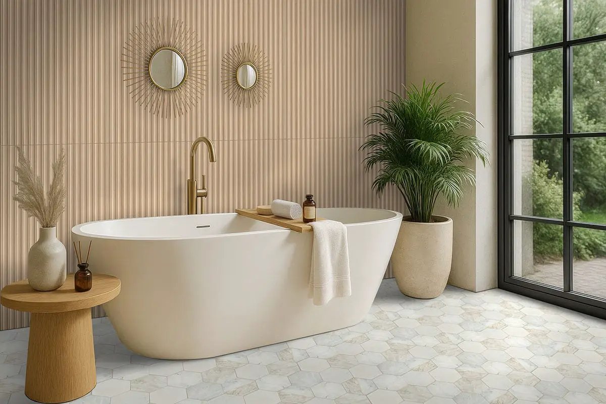 Urbanslat Flute Oak Matte Ceramic Mosaics 16x48 in a finished room