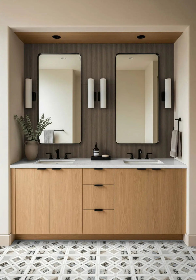 Urbanslat Tawny Matte Ceramic Mosaics 16x48 in a finished room