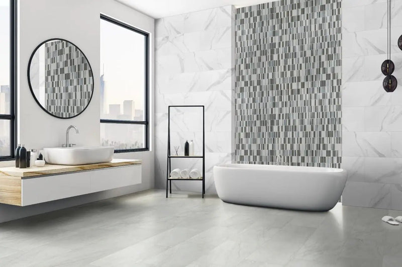Citi Stax Lapis 3mm Pattern Glass Mosaics in a finished room