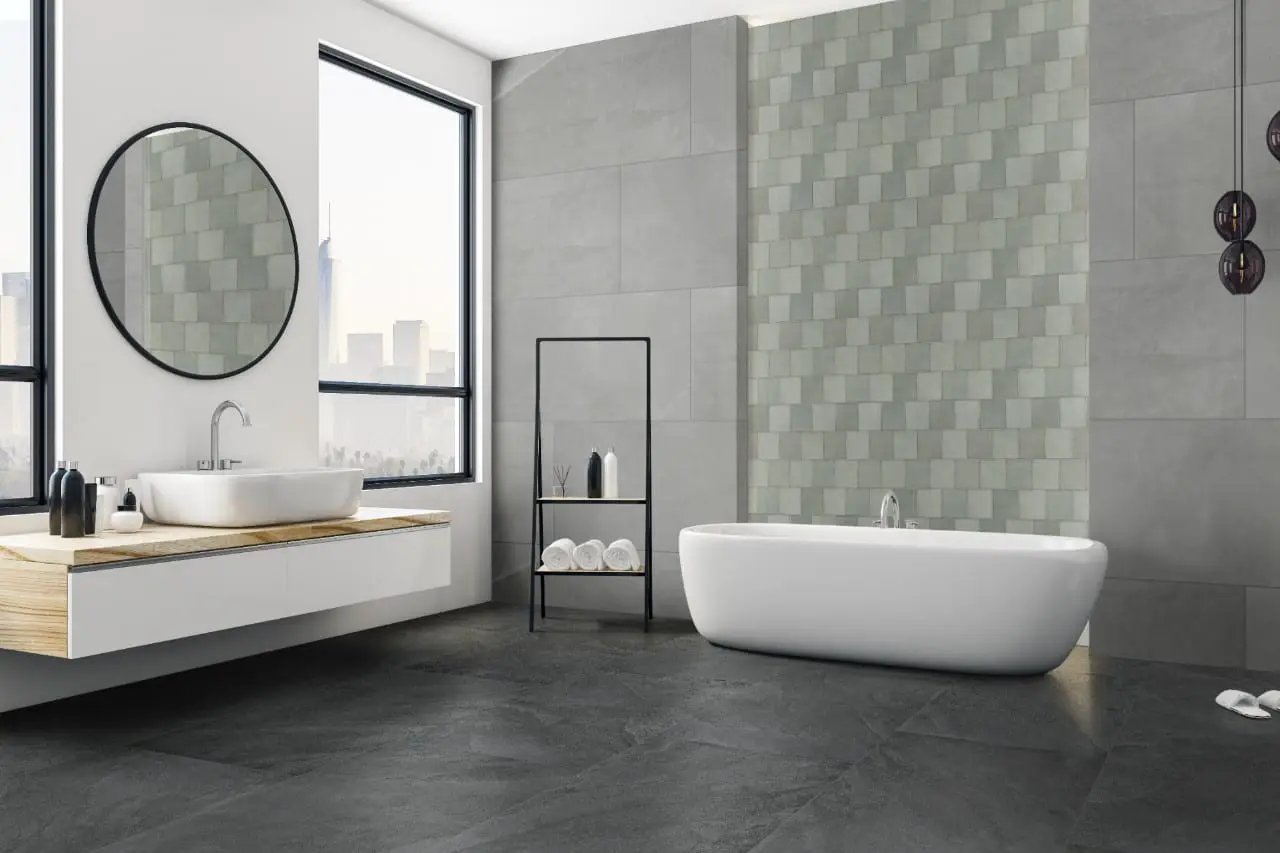 Urbano Warm Concrete Tile Glossy Ceramic Mosaics 4x12 2 in a finished room
