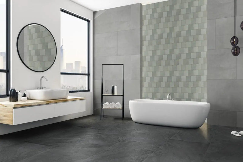 Urbano Warm Concrete Tile Glossy Ceramic Mosaics 4x12 2 in a finished room
