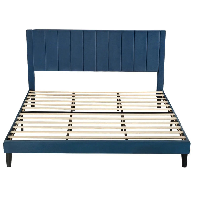 King size Modern Navy Blue Velvet Upholstered Platform Bed with Headboard by HomePacific