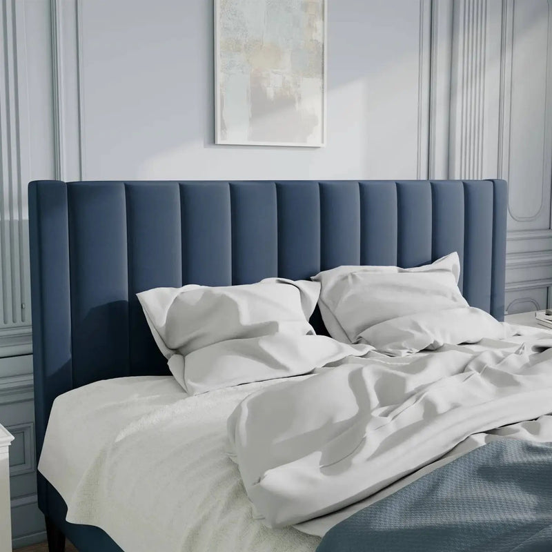 King size Modern Navy Blue Velvet Upholstered Platform Bed with Headboard by HomePacific