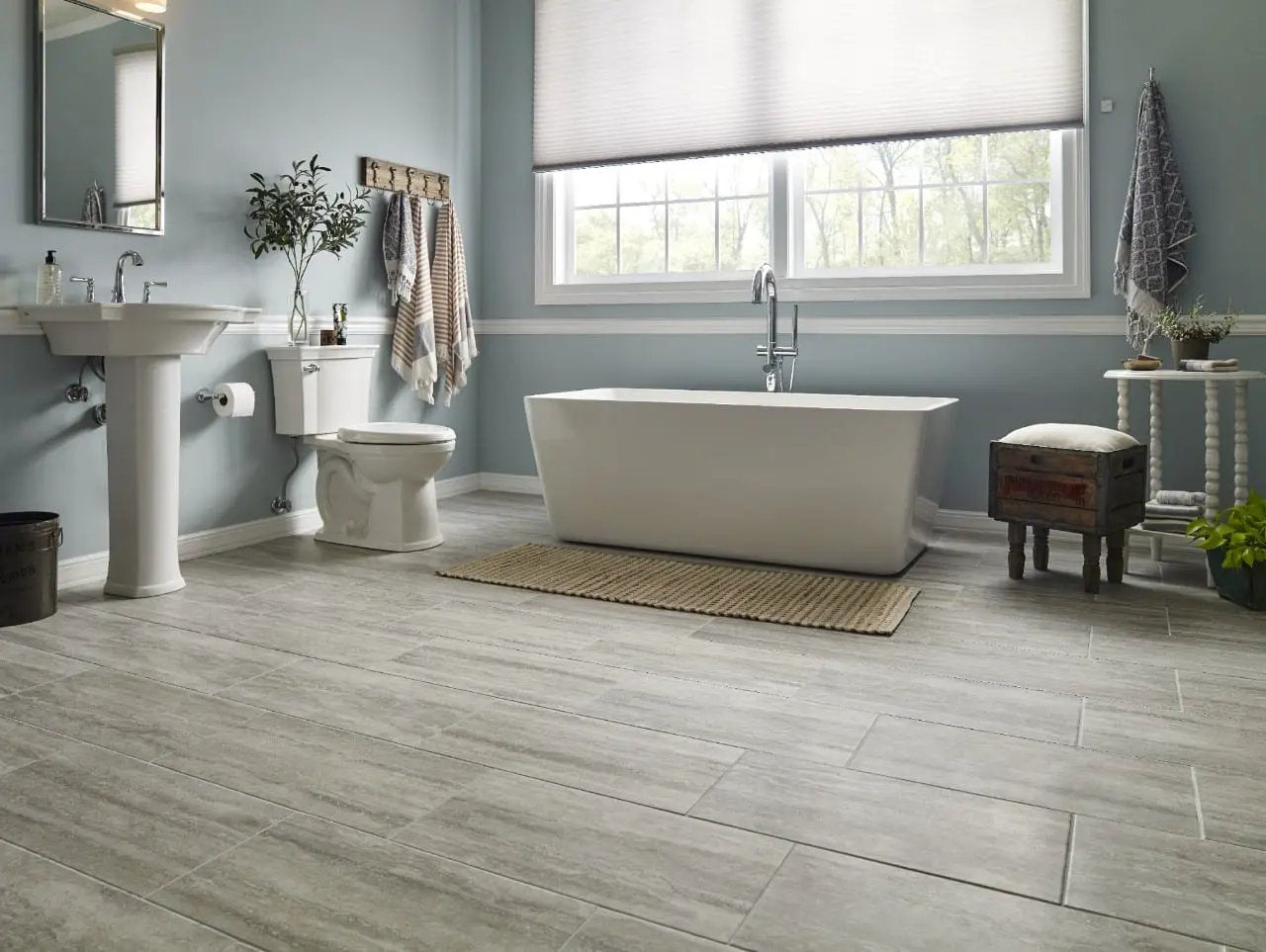 Veneto Gray Matte Bullnose Travertine Look Porcelain Moldings 3x24 in a finished room
