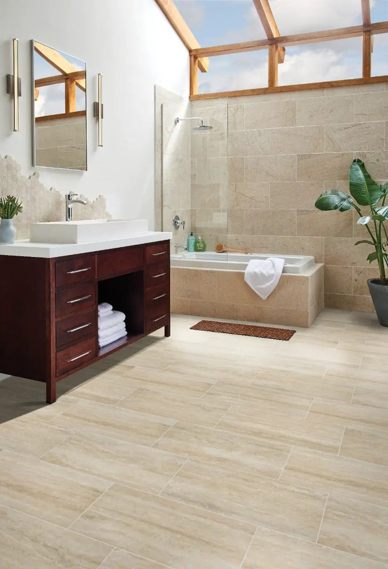 Veneto Sand Matte Travertine Look Porcelain Mosaics 2x2 in a finished room