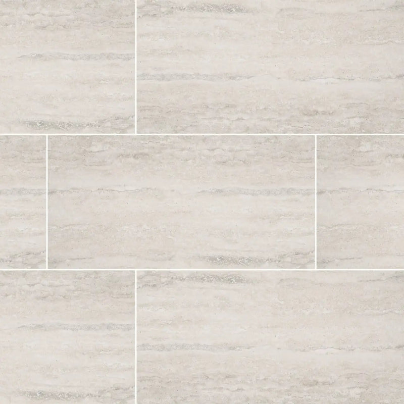 Veneto White Polished Travertine Look Porcelain Tiles 12x24 close up