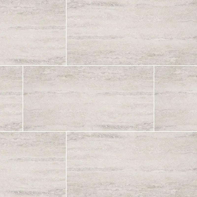 Veneto White Matte Travertine Look Porcelain Tiles 12x24 close up