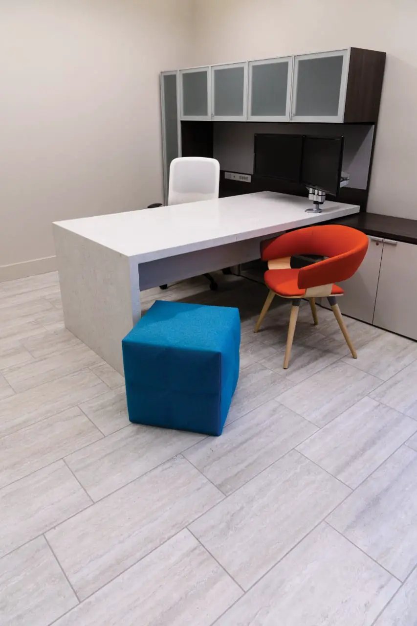 Veneto White Matte Travertine Look Porcelain Tiles 12x24 in a finished room