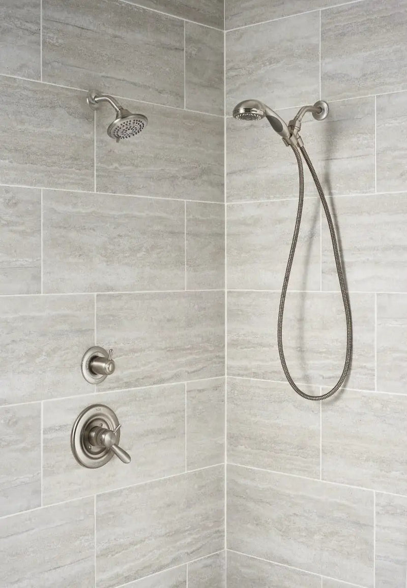 Veneto White Matte Bullnose Travertine Look Porcelain Moldings 3x24 in a finished room