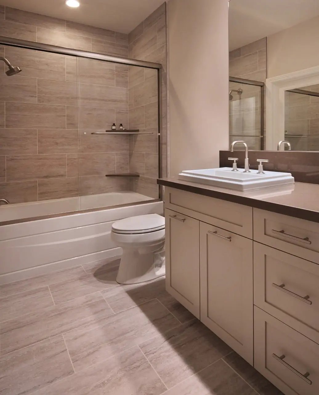 Veneto White Matte Bullnose Travertine Look Porcelain Moldings 3x24 in a finished room