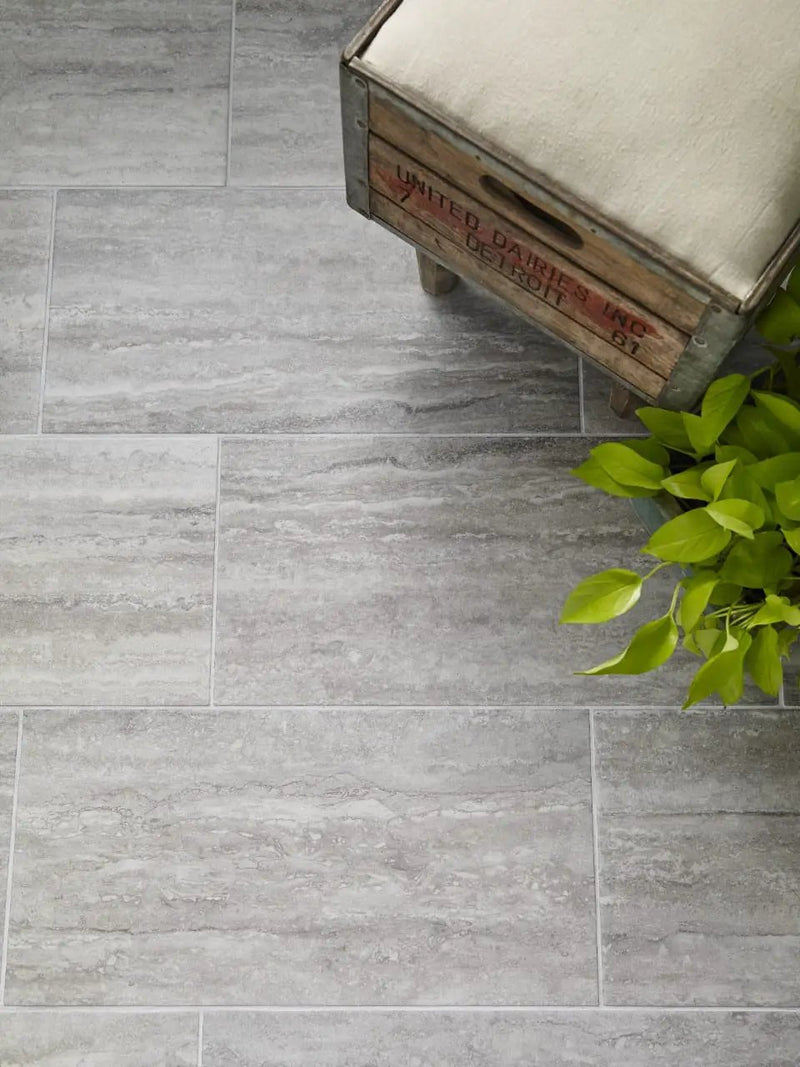 Veneto Gray Polished Travertine Look Porcelain Tiles 12x24 in a finished room