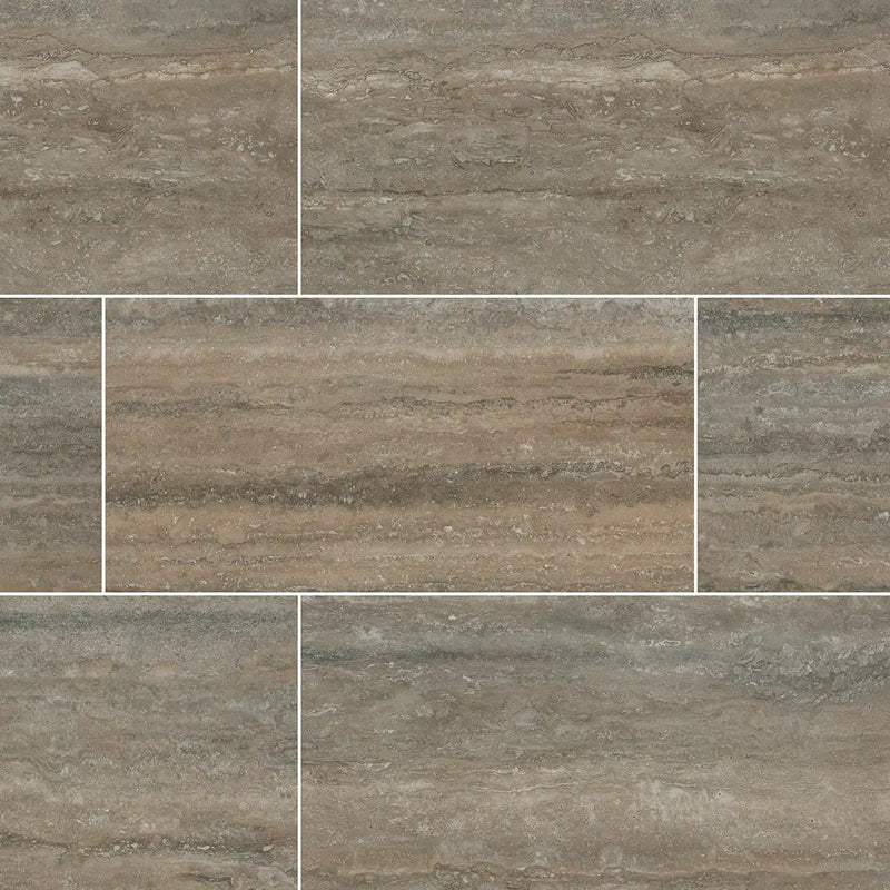 Veneto Noce Polished Travertine Look Porcelain Tiles 12x24 close up