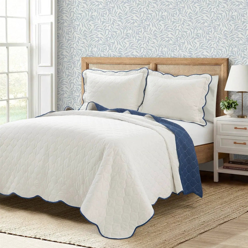 King size White Navy Scalloped Edge Reversible Lightweight Quilt Set by HomePacific